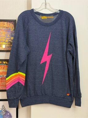 Aviator Nation Navy Lightning Bolt Pullover with Pink & Neon Stripes